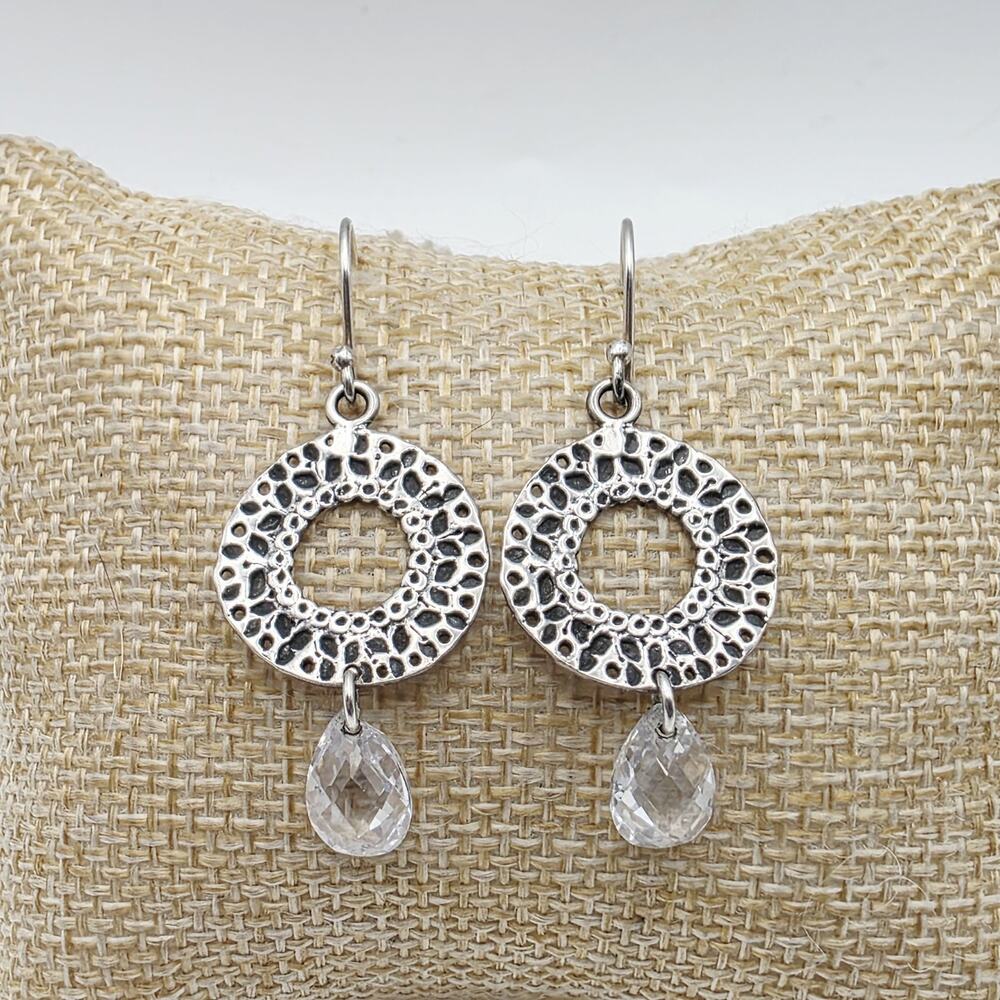SILPADA W1520 925 Sterling Silver Hammered Textured Circle CZ Drop Earrings EUC